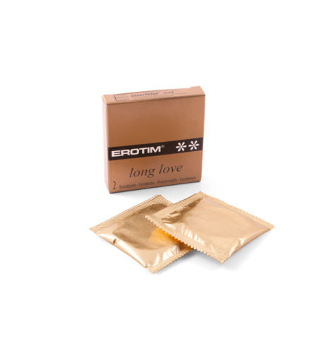 Erotim Long Love Condoms in gold packaging with two foil-wrapped condoms displayed, designed to delay climax and enhance male performance — available online in Canada.
