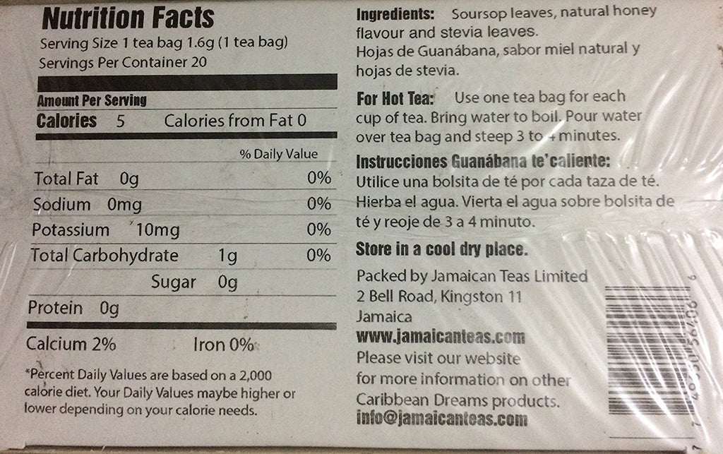 Caribbean Dreams Soursop (Graviola), Natural Herbal Teas